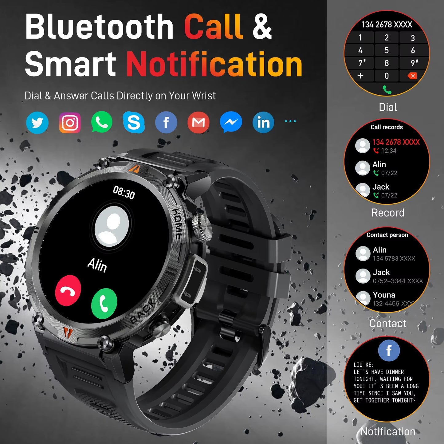 KE3 Black Bluetooth Call Smart Watch Men Full Touch Screen Health Monitor with Flashlight Men Smartwatch for Ios Androi