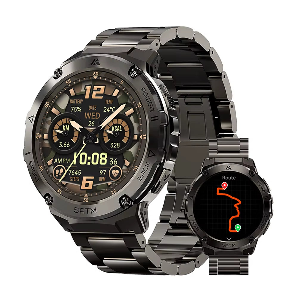 T3E GPS Smart Watch for Men Compass Altimeter Altitude Stainless Steel Shell 5ATM IP69K Waterproof 470Mah AMOLED Watches