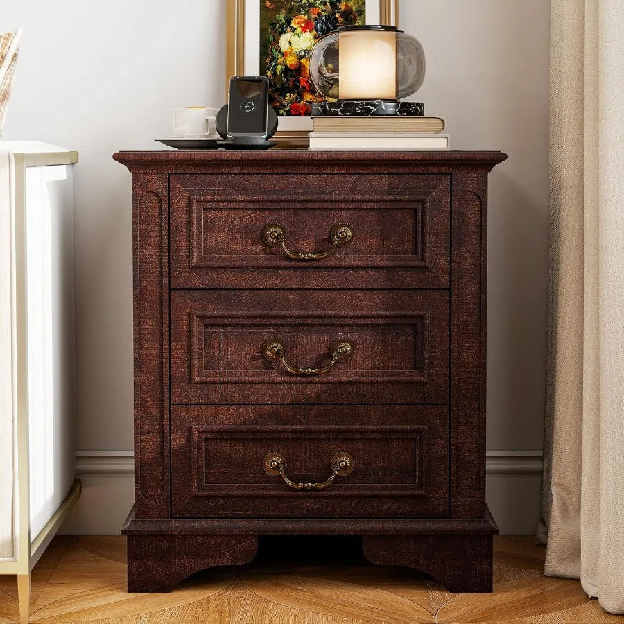 Nightstand with Charging Station Wooden Bedside Table with 3 Drawers for Bedroom End Table for Small Spaces 1 Dark Brown