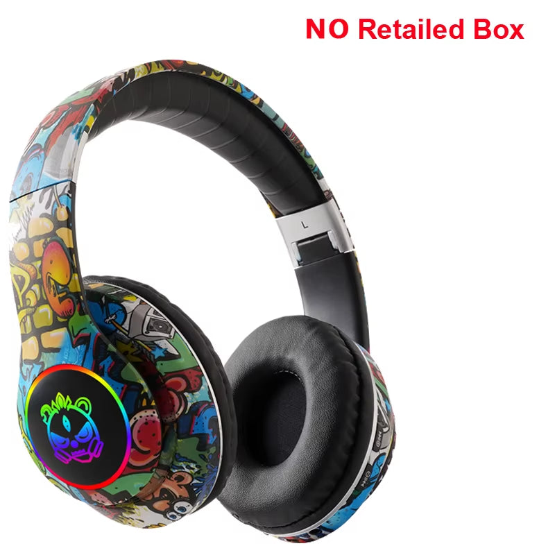 Graffiti Bluetooth Headphones Wireless LED Light Game Doodle Wireless Headsets with Mic for Kids Boy Girl Gift Support TF Card