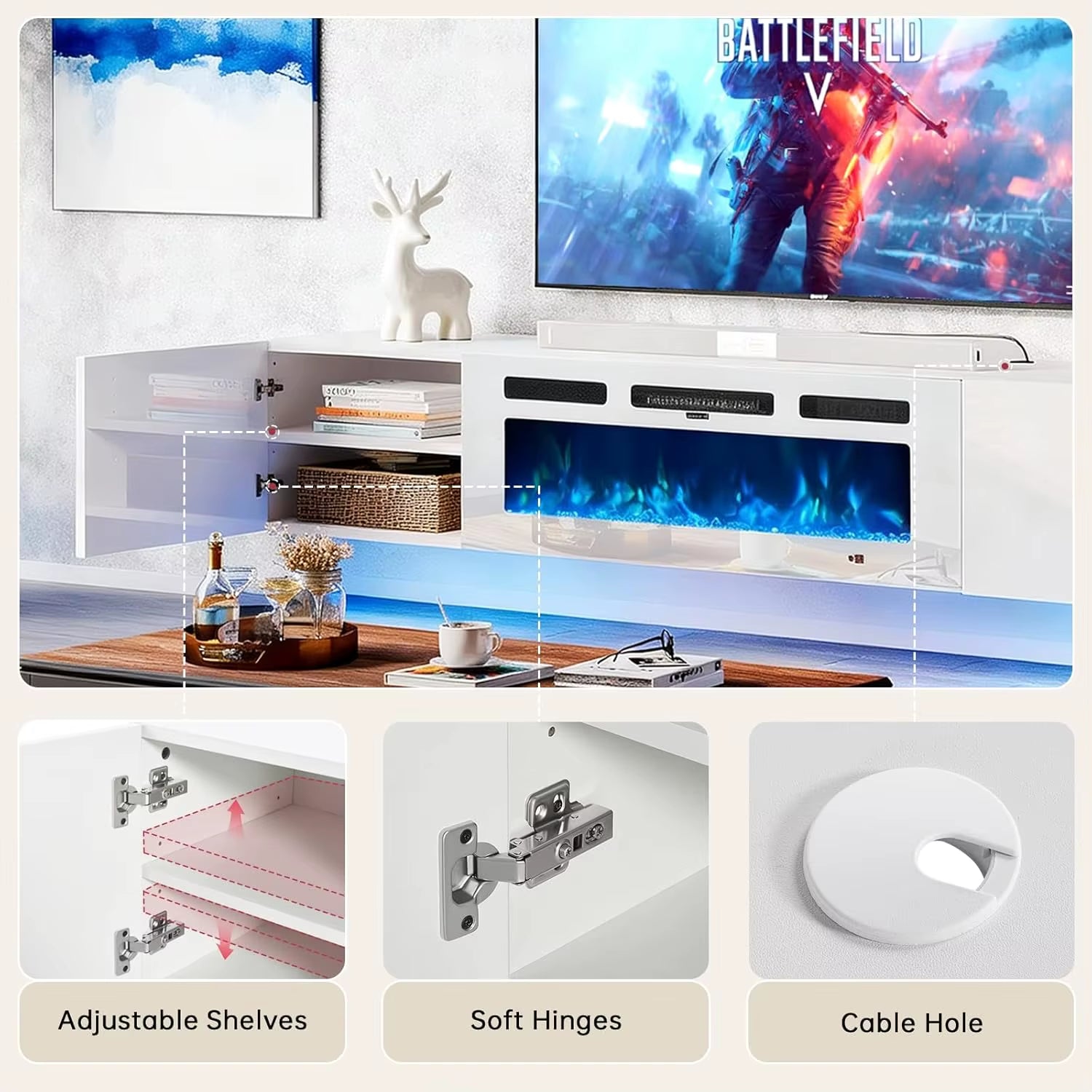 70In Wall Mount Floating TV Stand Console Electric Fireplace 36In 12-Color LED Storage Fit 80In Tvs Living Room White Customized