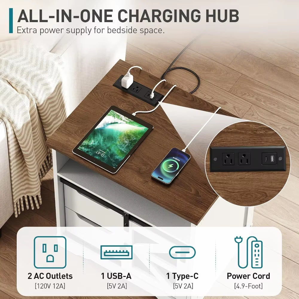 Farmhouse End Table with Charging Station, 2 Drawers & Barn Door, Rustic Wooden Nightstand for Bedroom Living Room