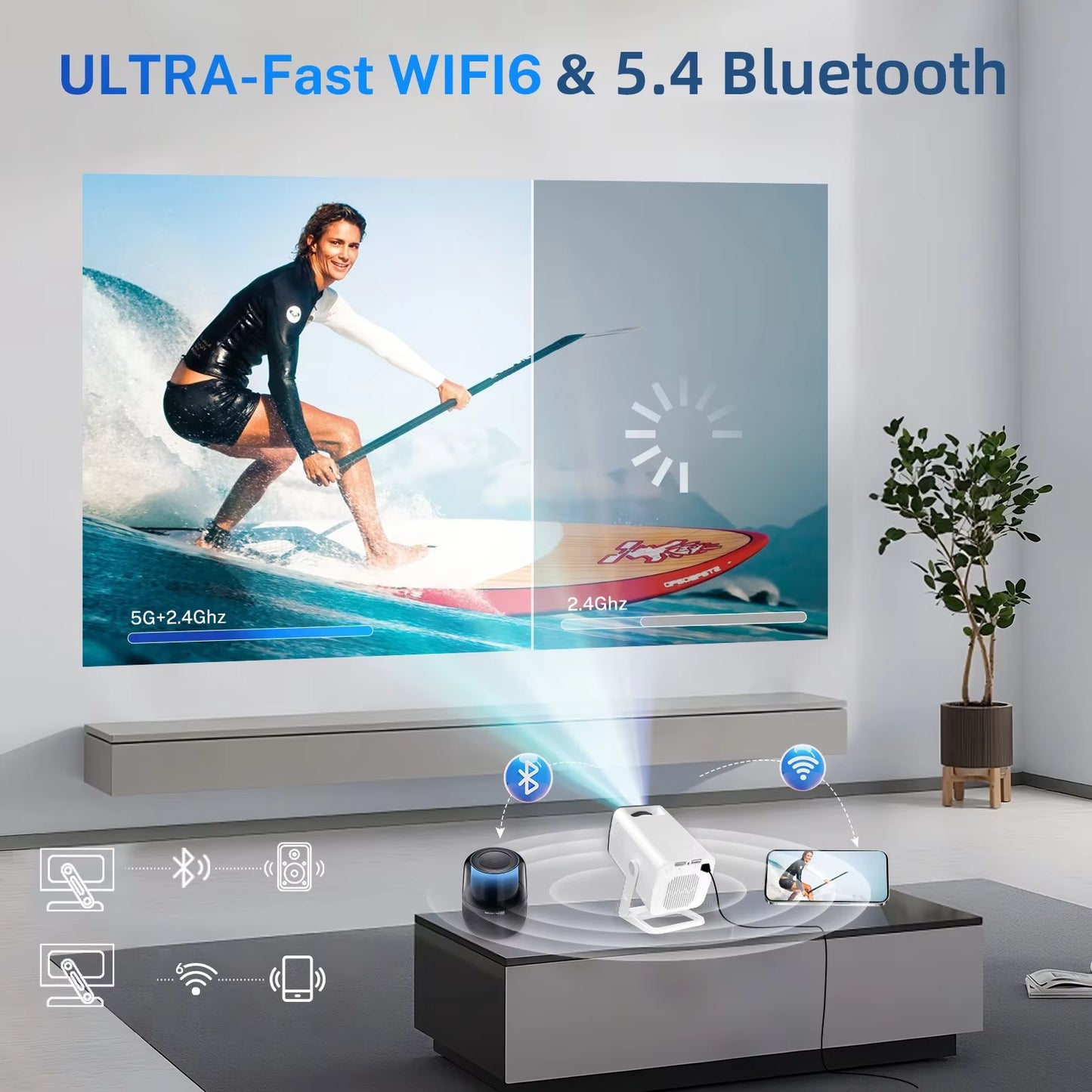 Smart Mini Projector 1080P 4K Support with Wifi 6 & BT 5.4 Built-In Apps Android TV Auto Keystone 180° Rotation Outdoor Beamer