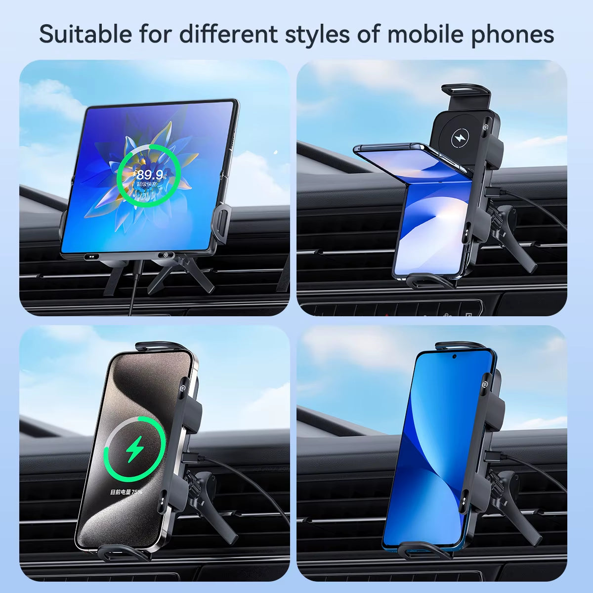 2-In-1 Car Wireless Charger Dual Coil Fold Screen Phone Fast Charging for  Galaxy Z Fold 5 6 Air Vent Car Phone Holder