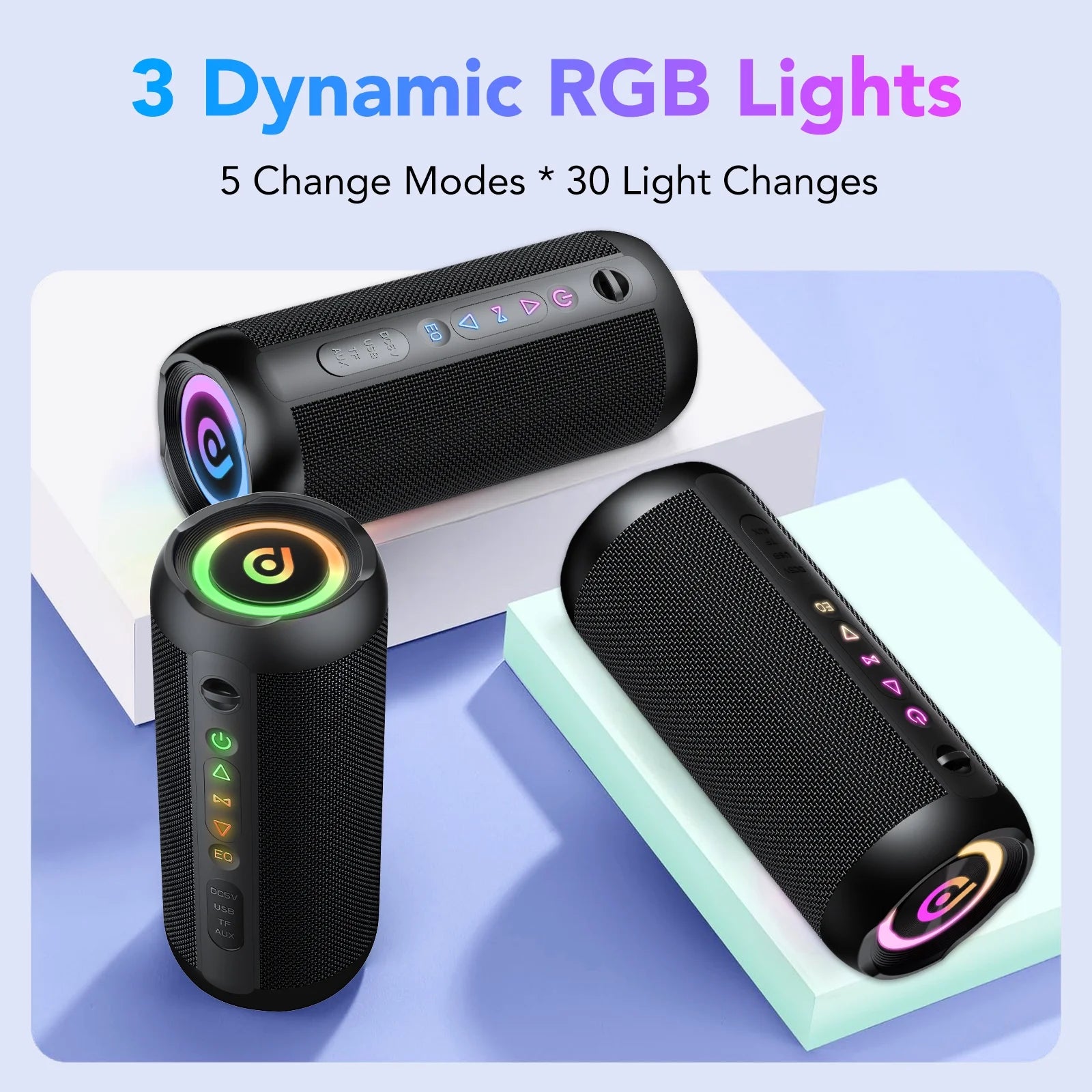 Portable Bluetooth Speaker IPX7 Waterproof, 30W Loud Sound, Deep Bass, Bluetooth 5.4, LED Lights, Wireless Stereo Pairing, 24H Playtime, for Home/Outdoor/Party/Beach, Birthday Gift (Black)