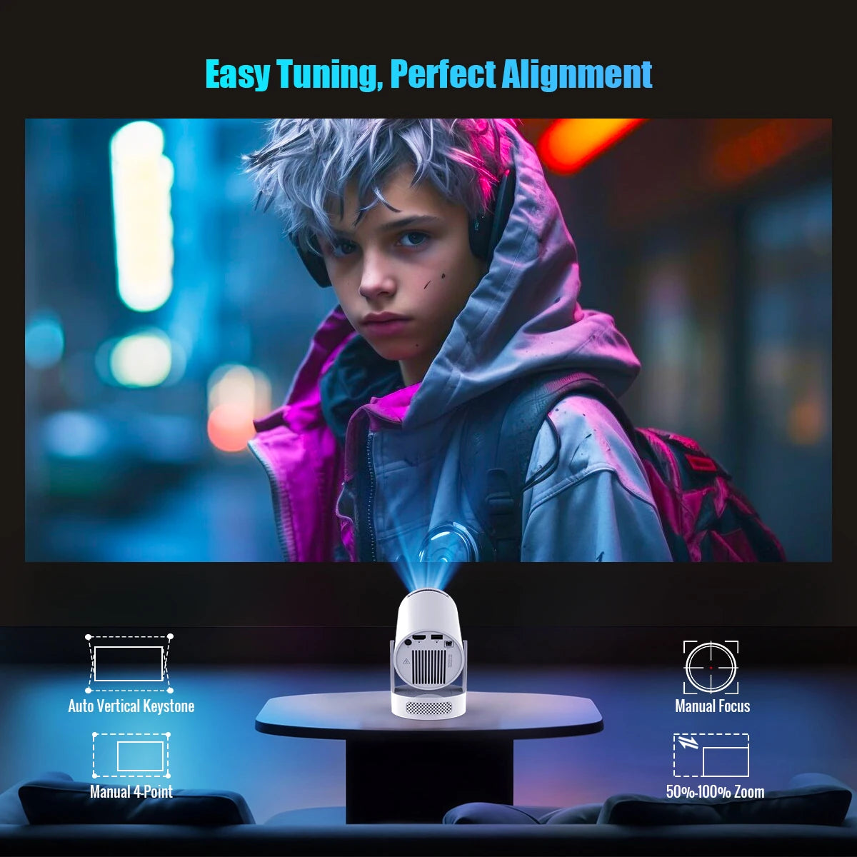 HY300 Pro + Projector 4K 720P with 5W Speaker Android 11 8000 Lumens Wifi 6 BT5.4 Outdoor Video Home Theater Projector