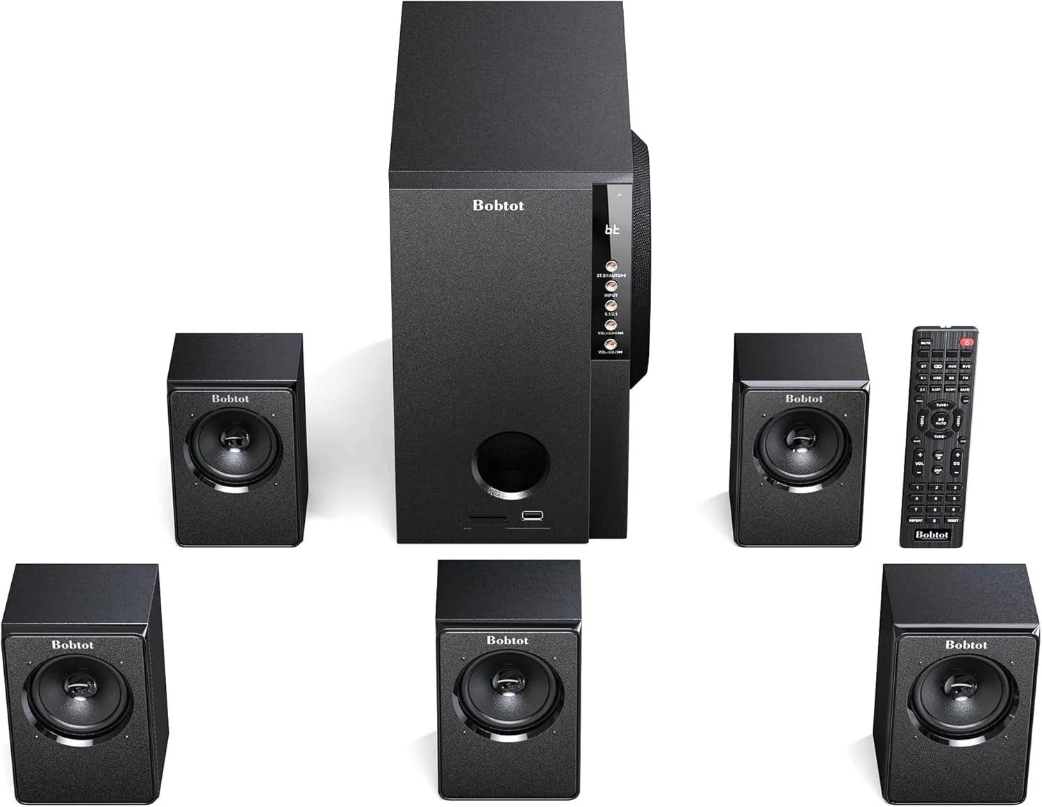 Home Theater Systems with 5.25 Inch Subwoofer, 5.1 Wired Satellite Surround Sound Speakers, 600 Watts Peak Power Deep Bass Audio Stereo System with FM Radio Bluetooth AUX DVD USB SD Input