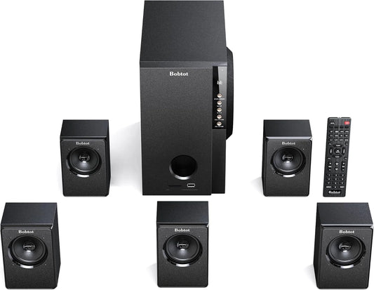 Home Theater Systems with 5.25 Inch Subwoofer, 5.1 Wired Satellite Surround Sound Speakers, 600 Watts Peak Power Deep Bass Audio Stereo System with FM Radio Bluetooth AUX DVD USB SD Input