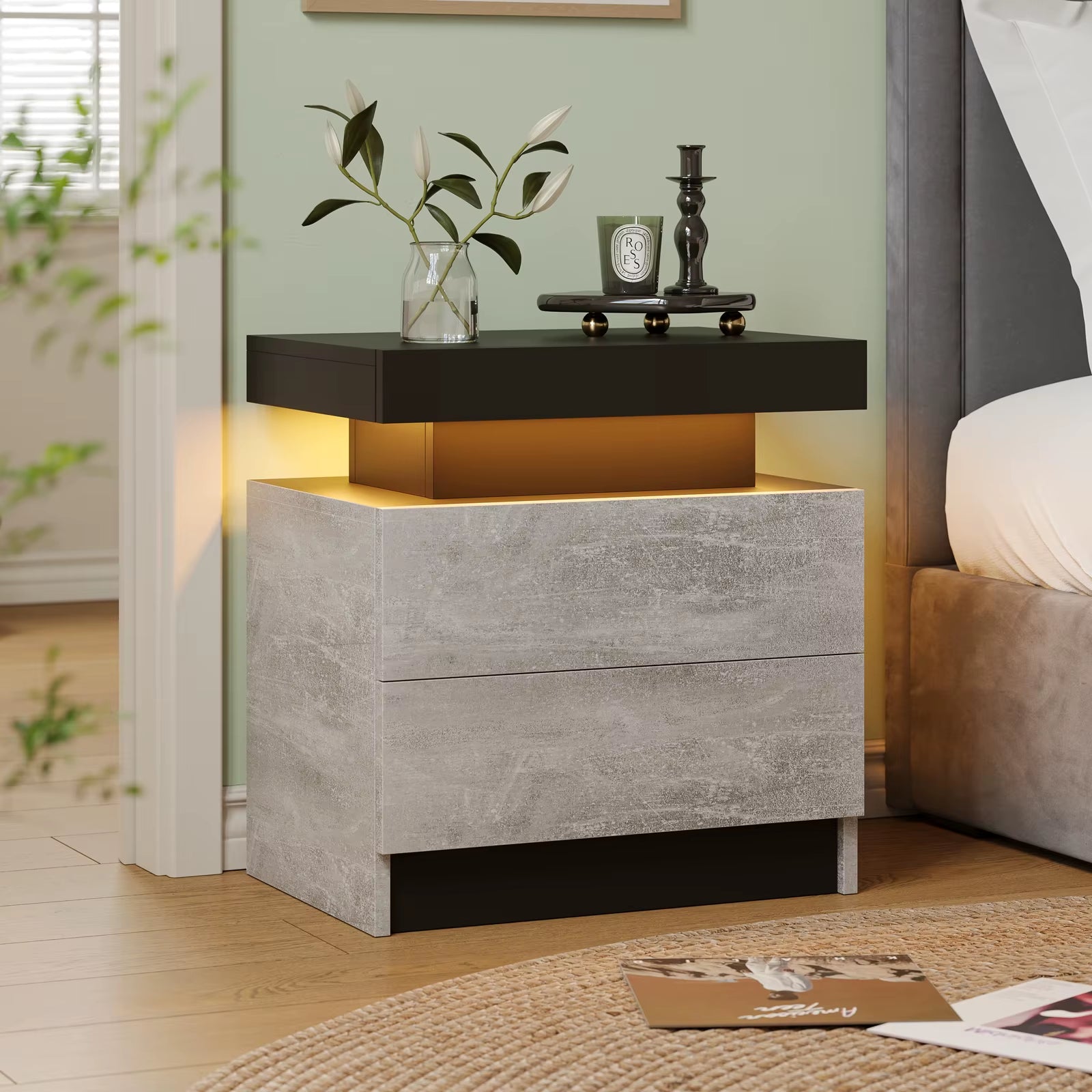 LED Nightstands with 2 Drawers, End Table with RGB LED Lights for Bedroom Living Room, White Bedside Table