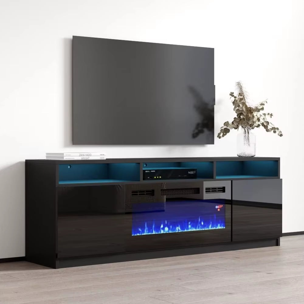 Modern Electric Fireplace TV Stand with High Gloss Finish and Storage Cabinets - 63 Inch Entertainment Center for Living Room