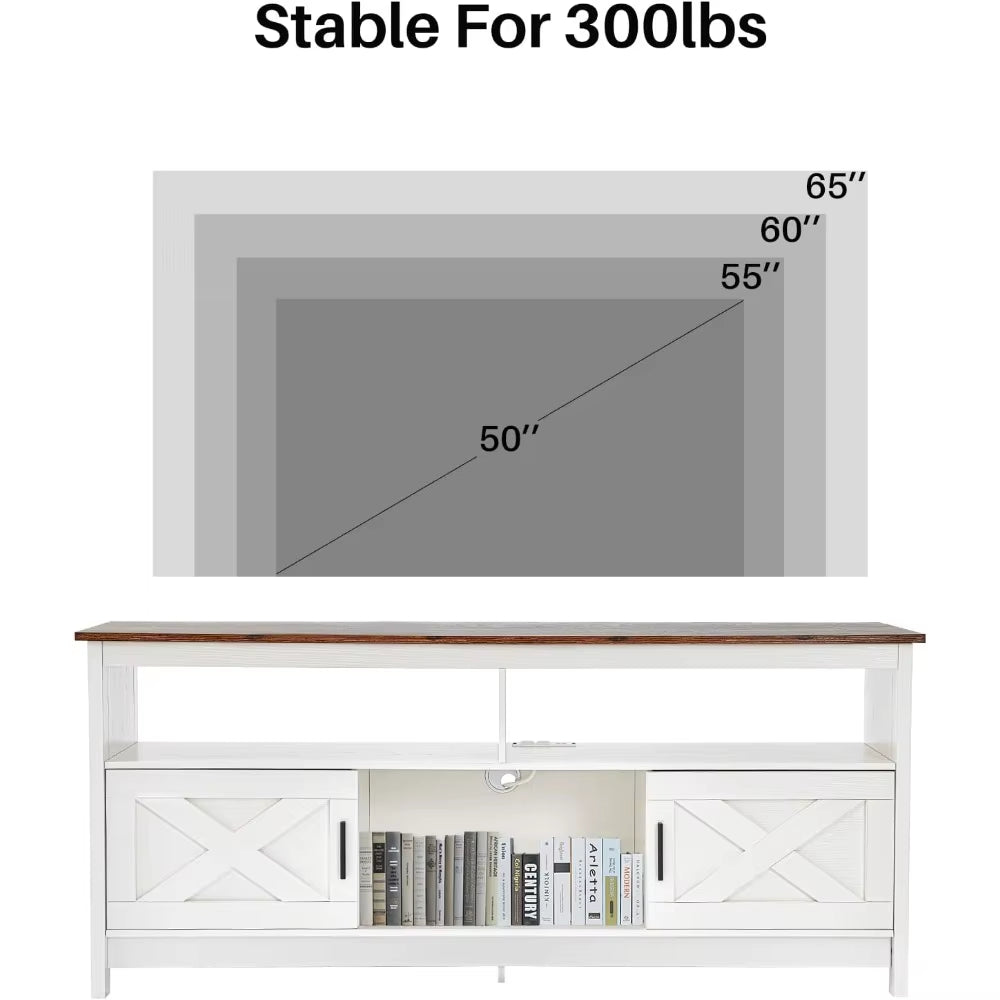 Redlife 65 Inch Tv Stand, White Farmhouse Tv Stand, Entertainment Center with Power Outlets for Tvs, Rustic Tv Stand with Storag