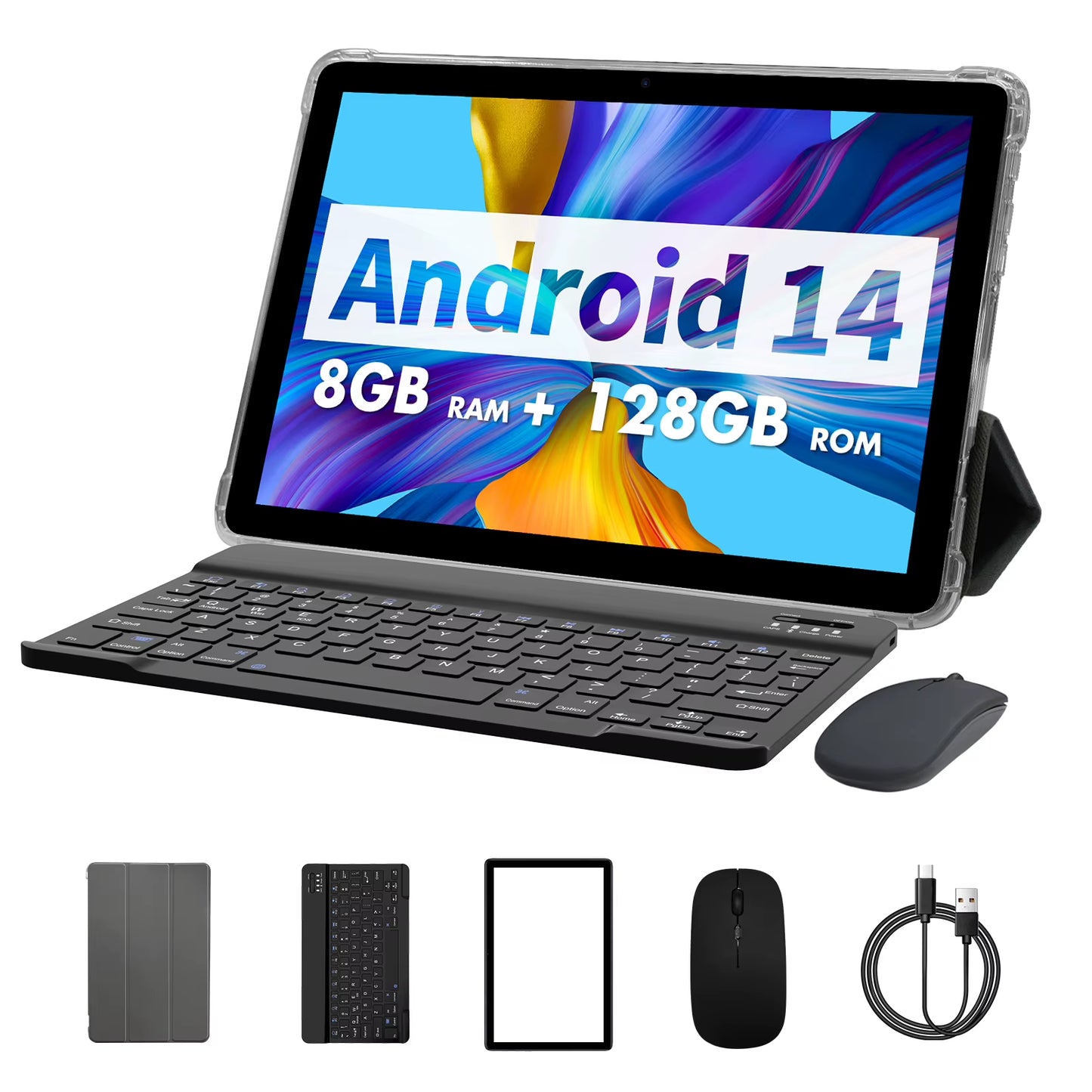 Android 14 Tablet 10.1 Inch, 8GB(4+4 Expand) RAM + 128GB ROM, Octa Core, 5G Wifi, with Keyboard, Mouse, Case