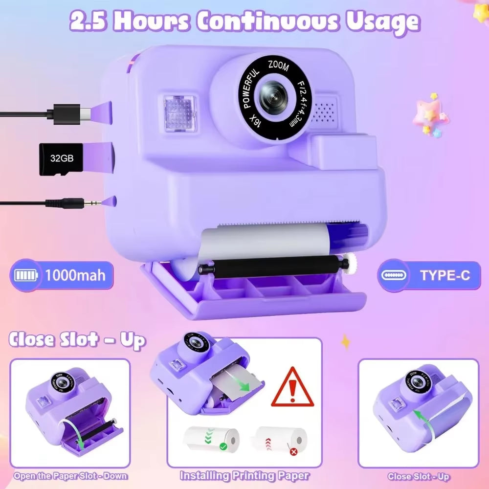Children'S Digital Instant Print Camera - Educational Thermal Instant Print Camera with 32G Card and 1080P Video Functionality
