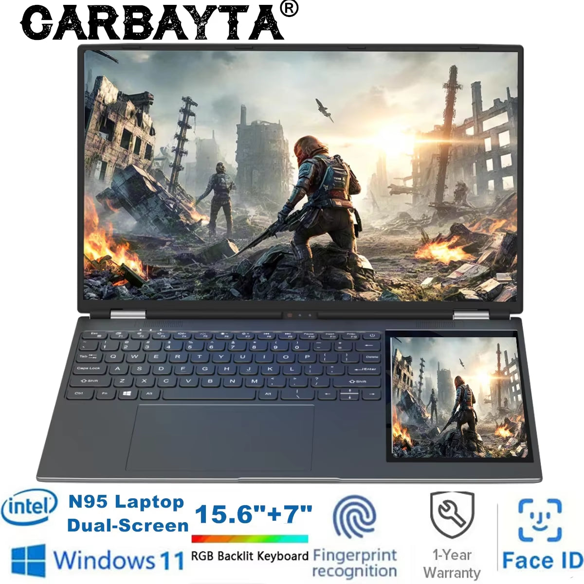 CARBAYTA 15.6"+7" Dual Screen Laptop Computer,  N95 32GB/16GB DDR4 RAM, RGB Backlit Keyboard 7" Touch Screen Notebook PC