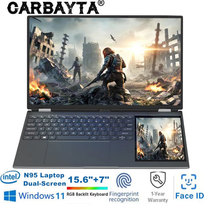 CARBAYTA 15.6"+7" Dual Screen Laptop Computer,  N95 32GB/16GB DDR4 RAM, RGB Backlit Keyboard 7" Touch Screen Notebook PC