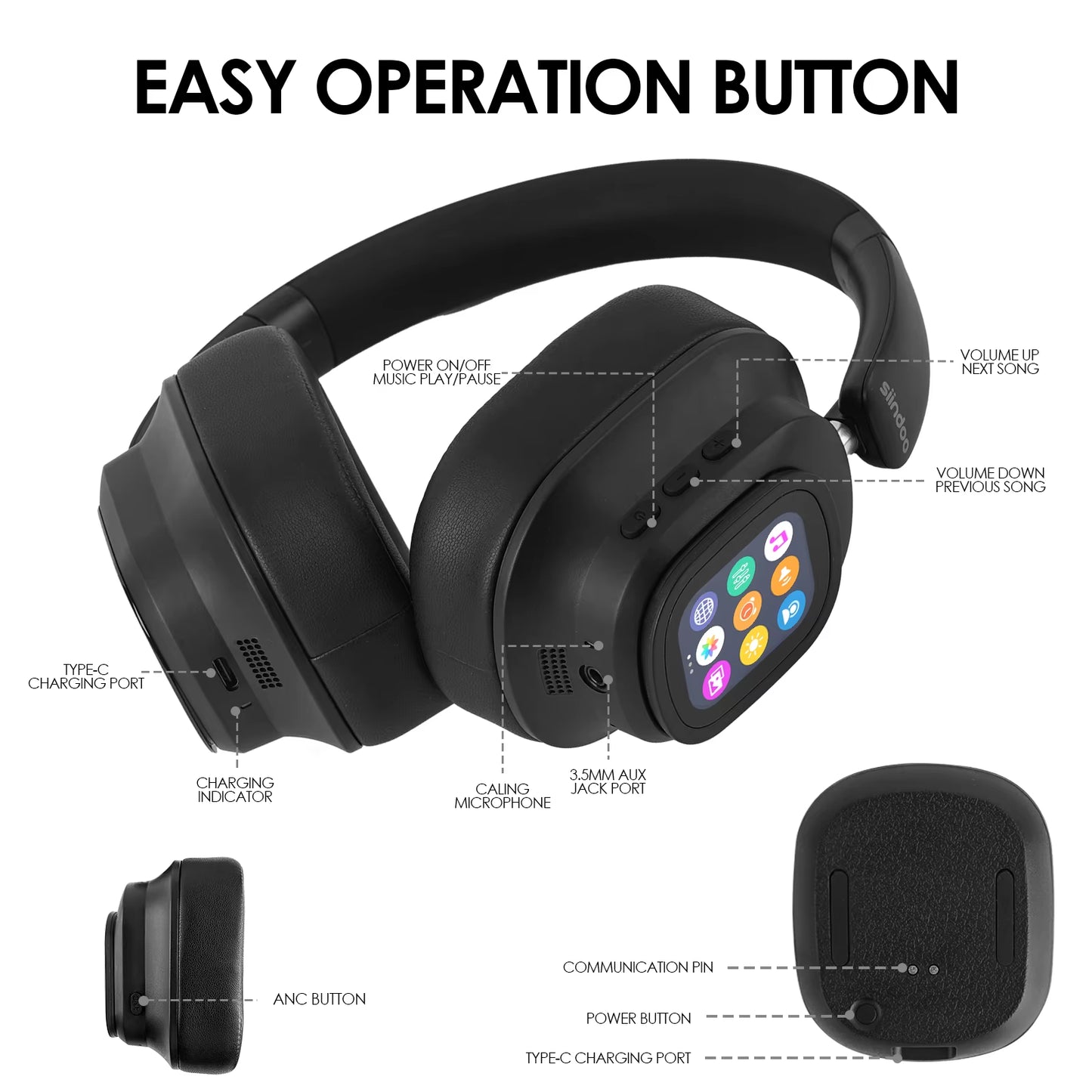 Jh-Anc930Plus Active Noise Cancelling Headphones, Hybrid Wireless Headphone with Multi Magnetic Touch Control LED Screen