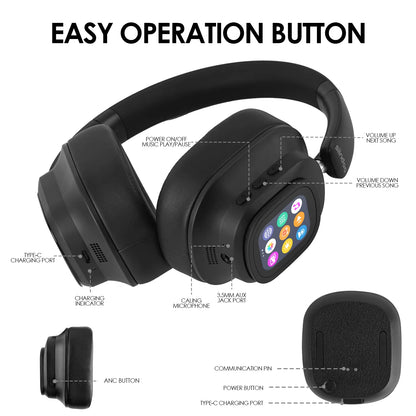 Jh-Anc930Plus Active Noise Cancelling Headphones, Hybrid Wireless Headphone with Multi Magnetic Touch Control LED Screen