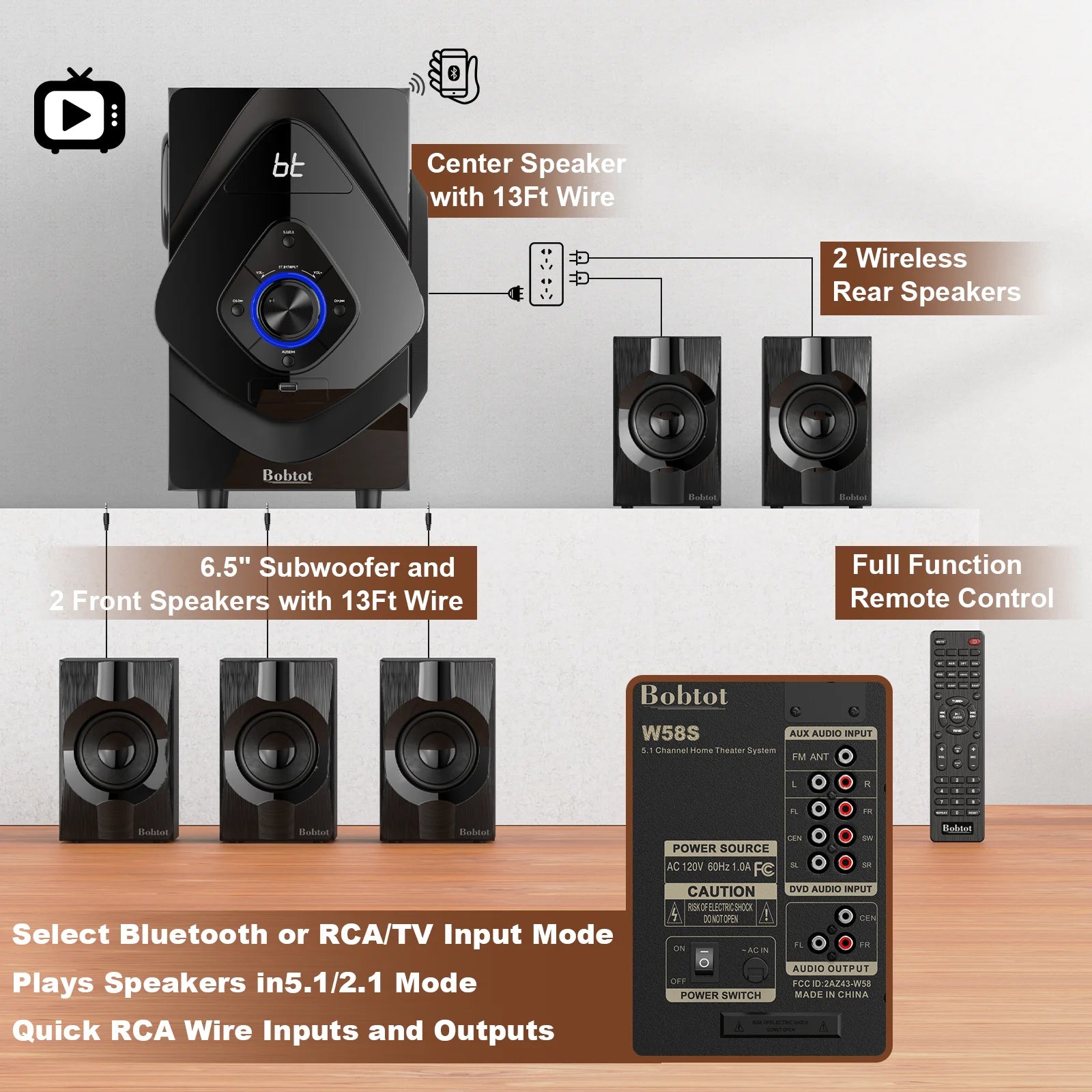 Surround Sound Systems Wireless Rear Satellite Speakers - 800W 6.5Inch Subwoofer 5.1/2.1 Channel Home Theater Systems with ARC Optical Bluetooth Input