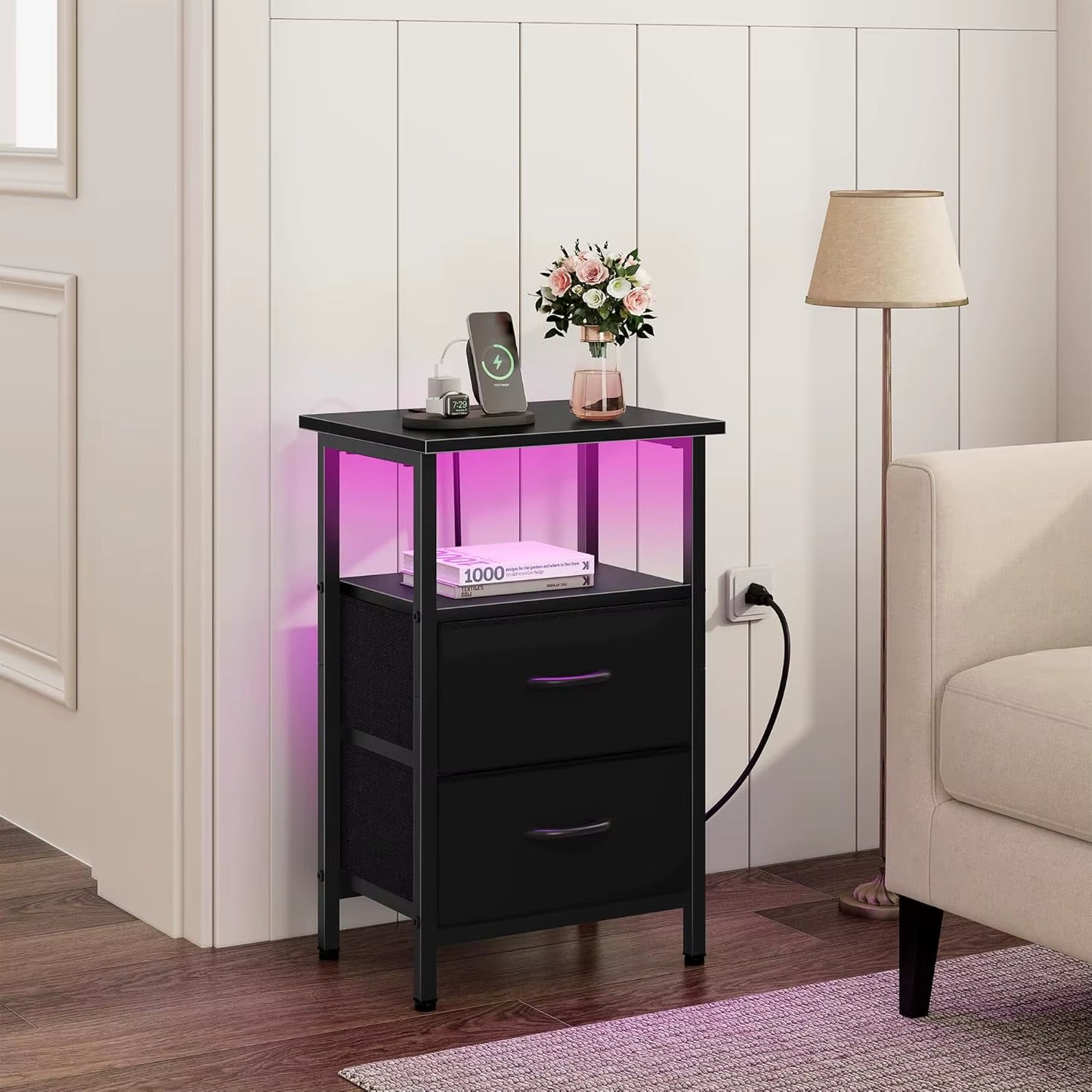 2-Piece Nightstand Set with LED Lights & Charging Station, 2 Fabric Drawers & Storage Shelves, Black Bedside Tables for Bedroom