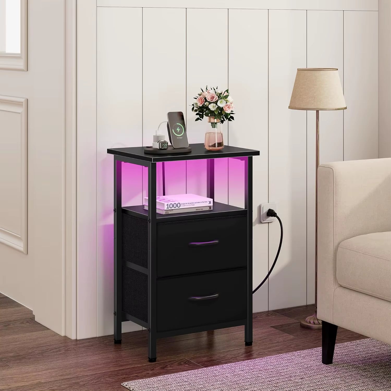 2-Piece Nightstand Set with LED Lights & Charging Station, 2 Fabric Drawers & Storage Shelves, Black Bedside Tables for Bedroom