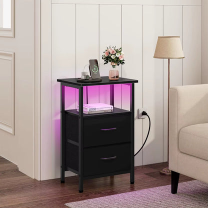 2-Piece Nightstand Set with LED Lights & Charging Station, 2 Fabric Drawers & Storage Shelves, Black Bedside Tables for Bedroom