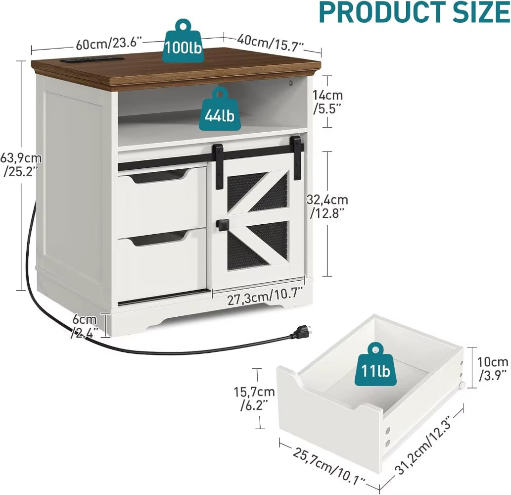 Farmhouse End Table with Charging Station, 2 Drawers & Barn Door, Rustic Wooden Nightstand for Bedroom Living Room