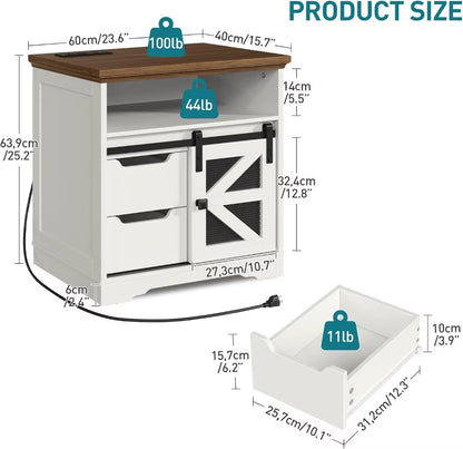 Farmhouse End Table with Charging Station, 2 Drawers & Barn Door, Rustic Wooden Nightstand for Bedroom Living Room