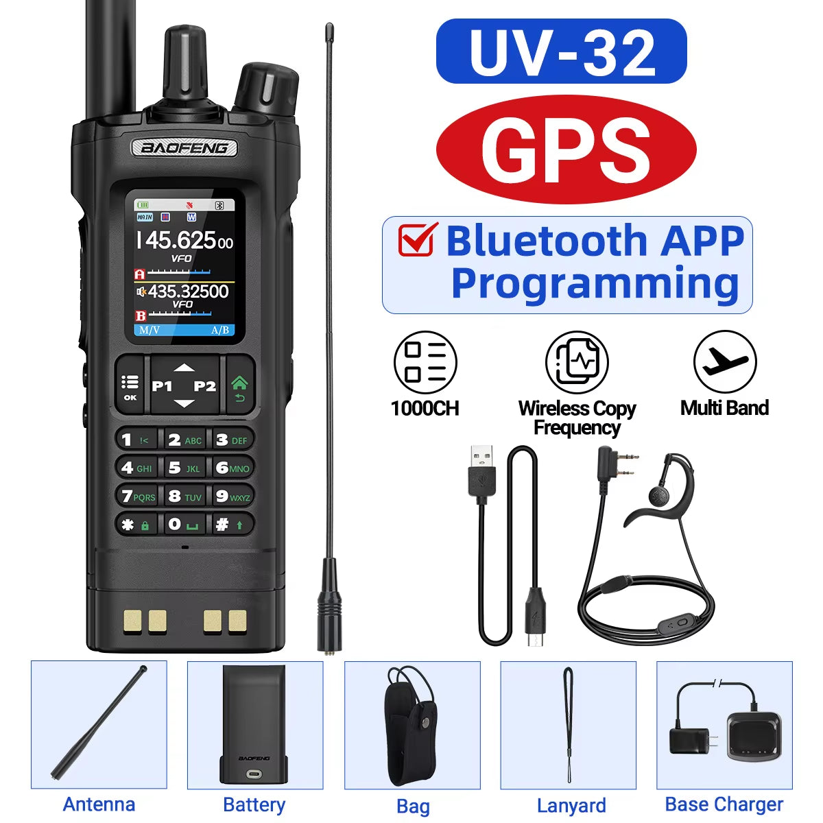 UV-32 GPS Walkie Talkie 10W Long Range Multi Band Bluetooth APP Programming Wireless Copy Frequency Type-C Two Way Radio