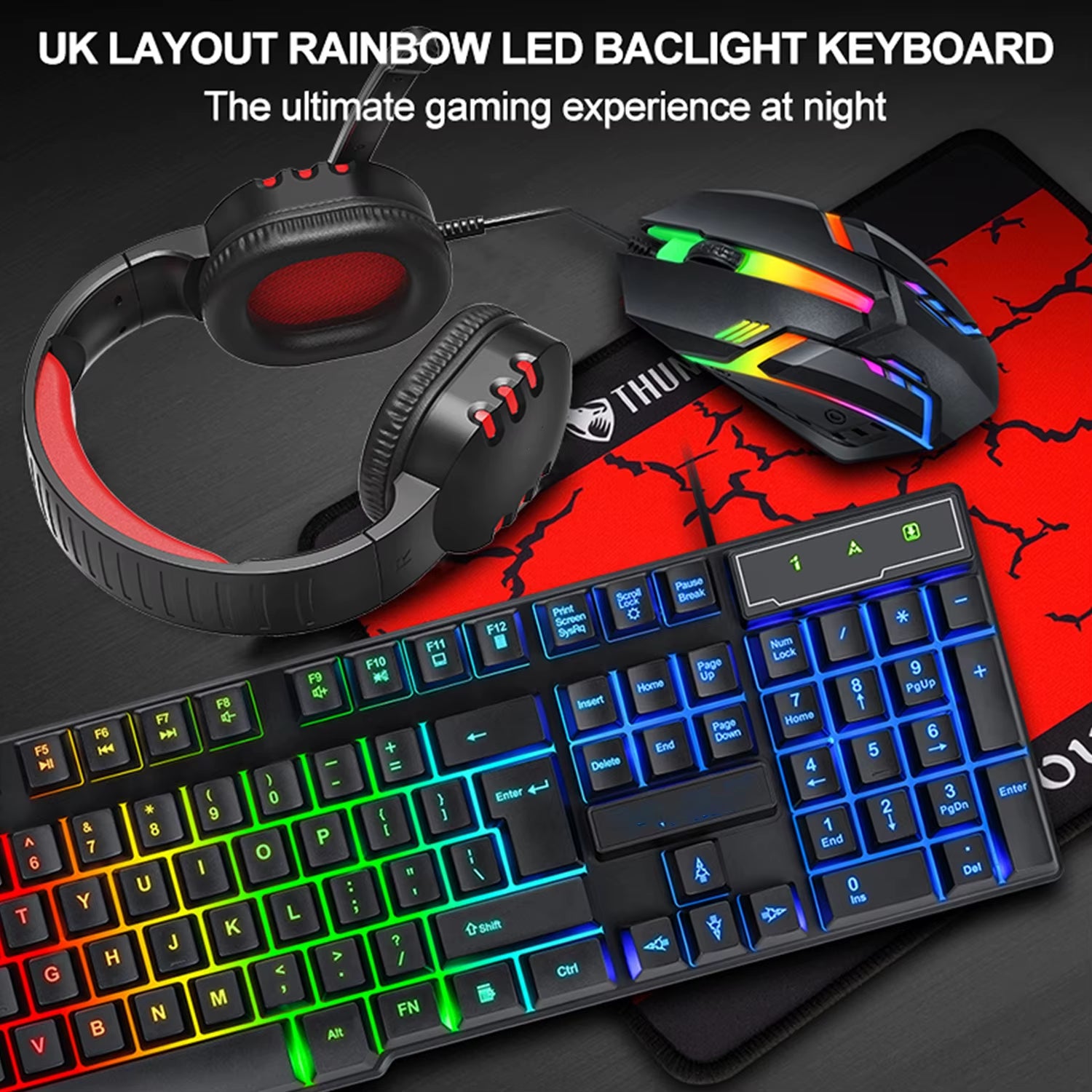 Esports Set 4 in 1 Kit Wired RGB Backlit Gaming Keyboard and Mouse Headset Combo,Rainbow LED Backlit Wired Keyboard for Gamer