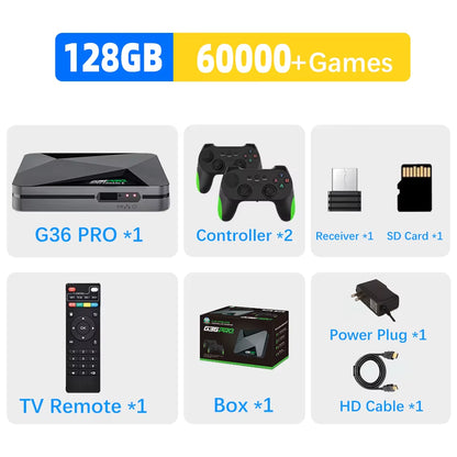 128G Super Game Box G36 Pro 4K Retro Video Game Console with 60000+ Retro Games for MAME/PS1/PSP/DC Upgrade Wireless Controller