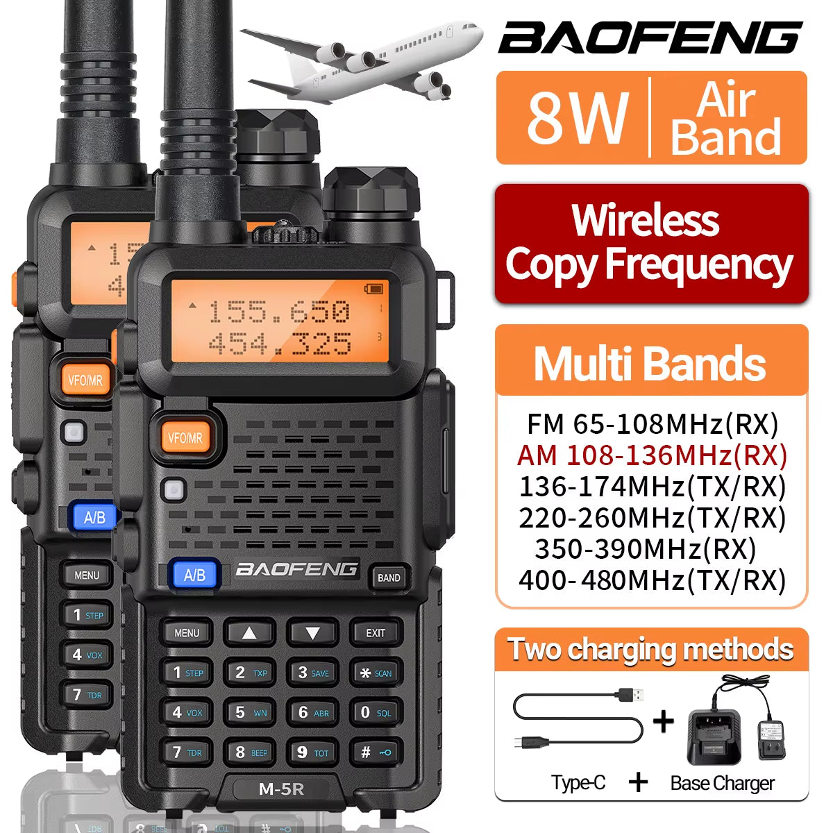 1/2PCS  M-5R 8W Walkie Talkie Multi Band Type-C Wireless Copy Frequency AM Long Range for UV-5R Two Way Ham Radio