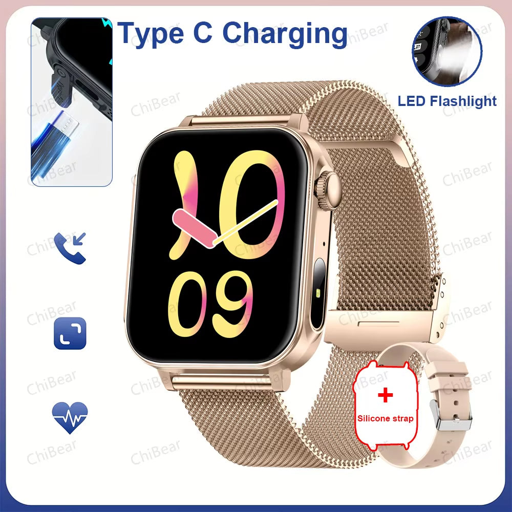 New Type-C Charging Bluetooth Call Smart Watch 1.83‘’ HD Full Screen Touch Flashlight 100+ Sports Mode Waterproof Smartwatch