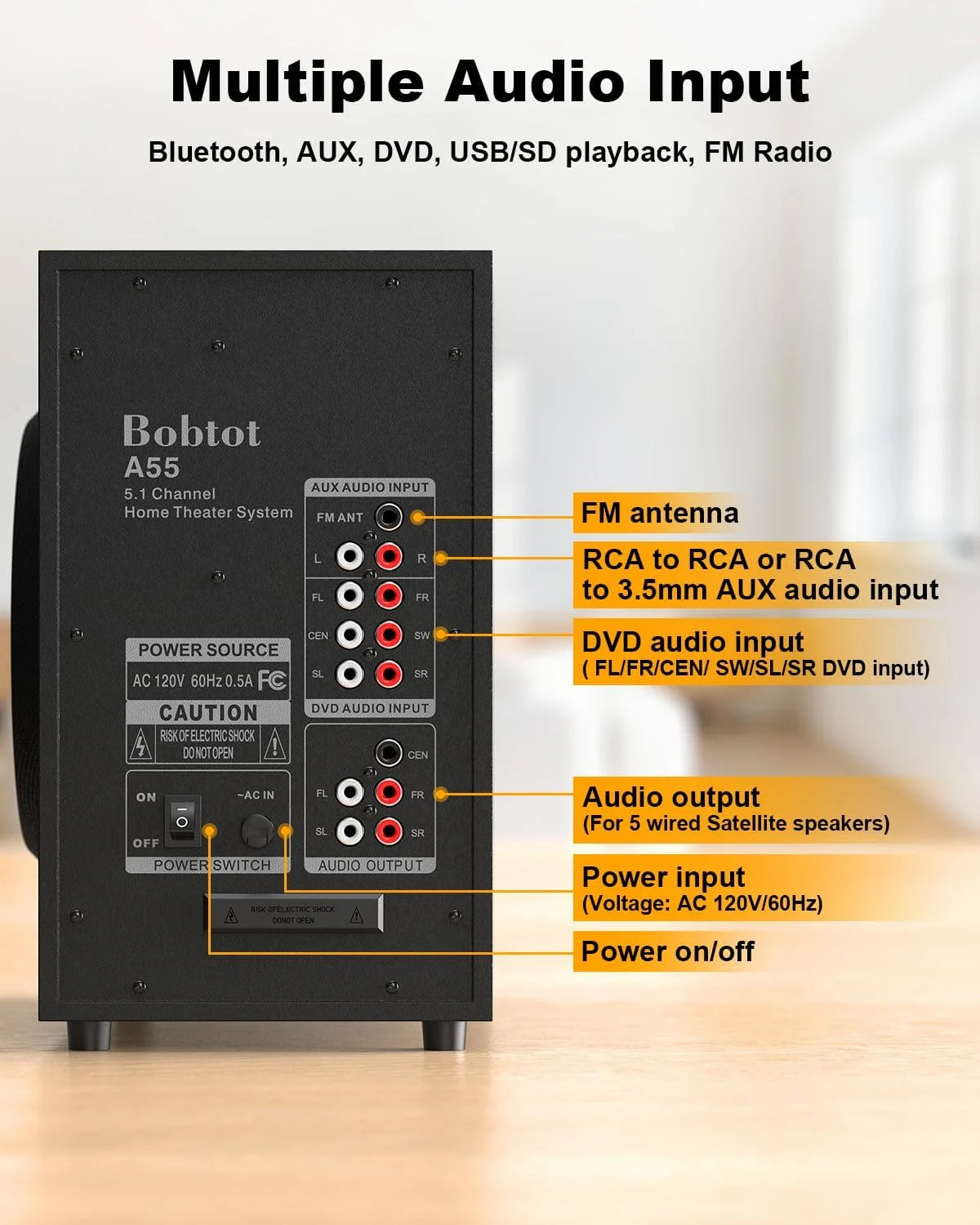 Home Theater Systems with 5.25 Inch Subwoofer, 5.1 Wired Satellite Surround Sound Speakers, 600 Watts Peak Power Deep Bass Audio Stereo System with FM Radio Bluetooth AUX DVD USB SD Input