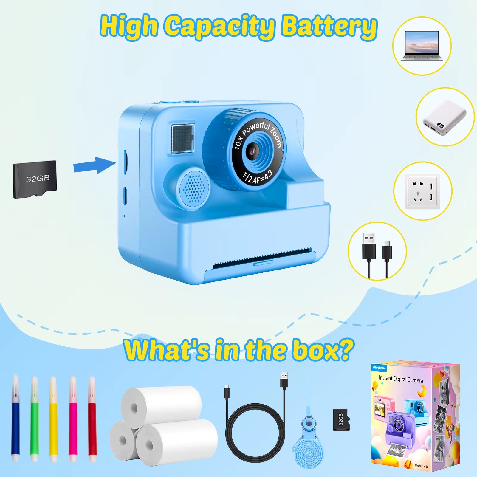 Kids Camera Instant Camera 1080P HD Dual Lens Selfie Digital Camera Print for Girls Boys Christmas Birthday Gifts Toys