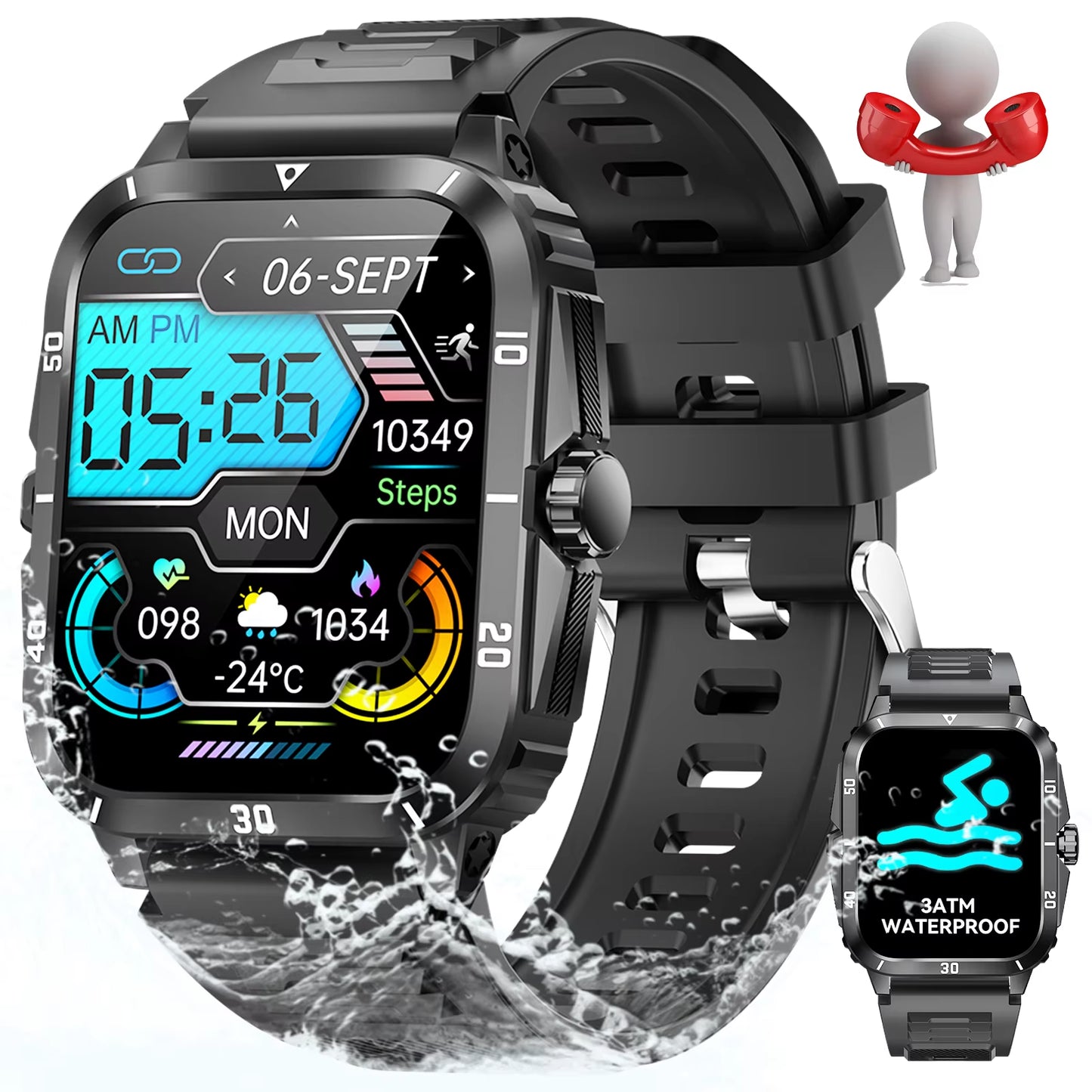 New Smart Watch for Men 3ATM Waterproof 1.96"HD Big Screen Rugged Smart Watch Heart Rate/Spo2/Sleep Monitor Fitness Watch