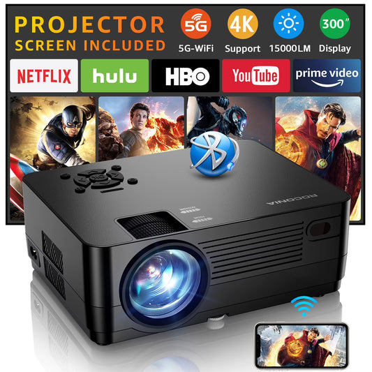 5G Wifi Bluetooth 4K Support Native 1080P, 15000LM Full HD Movie Projector, LCD Technology 300" Display Home Theater,(Projector Screen Included)