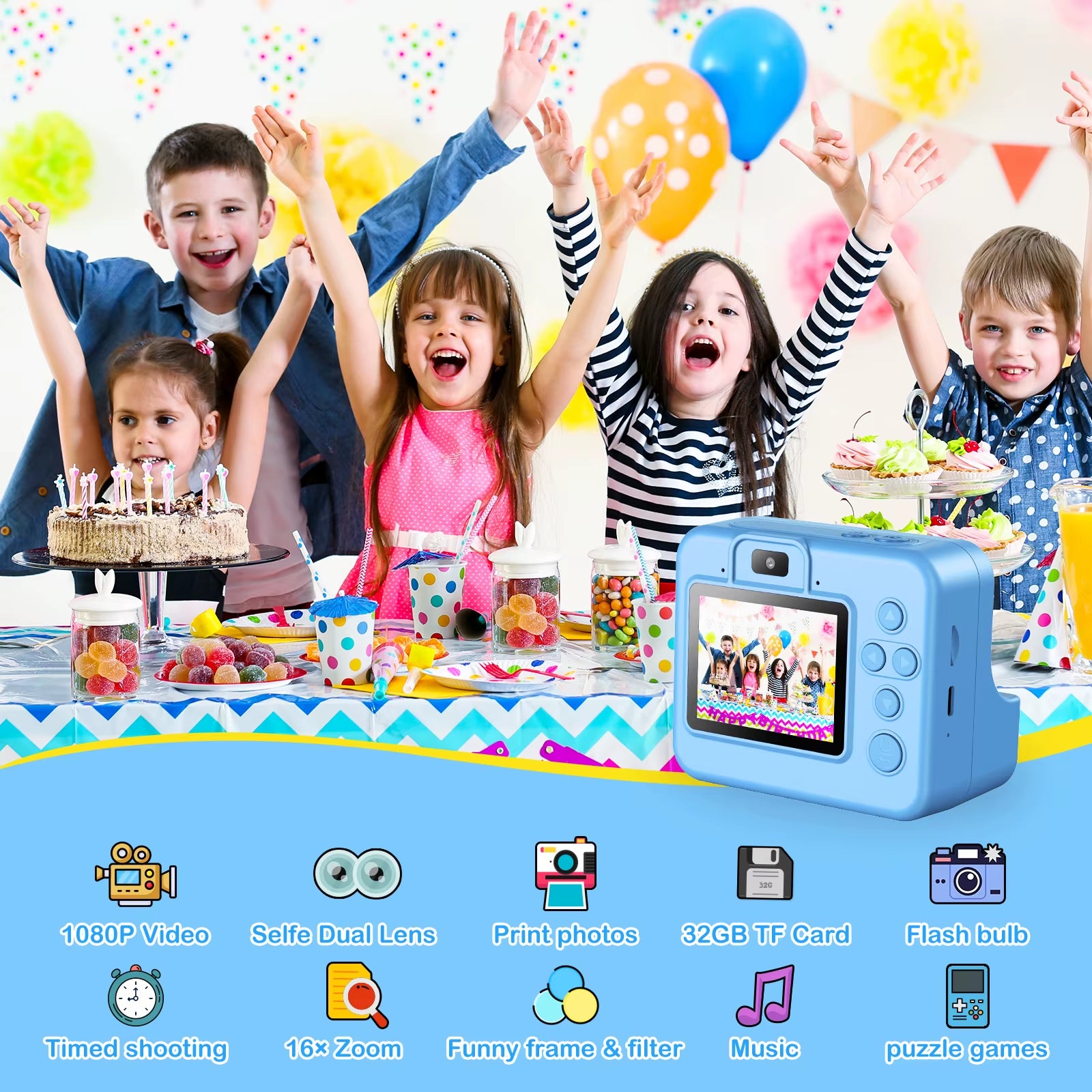 Kids Camera Instant Camera 1080P HD Dual Lens Selfie Digital Camera Print for Girls Boys Christmas Birthday Gifts Toys