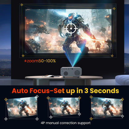 1080P Auto Focus Projector,15000Lux,Wifi/Bluetooth,4K Support,6D Keystone, 50% Zoom,Portable, HDMI/USB/AV/PS5 Compatible