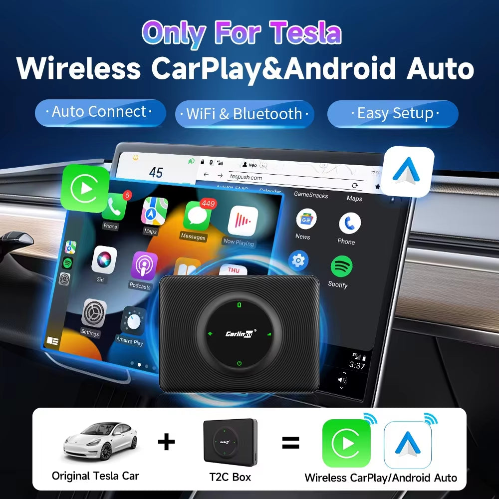 Wireless Carplay Android Auto for Tesla Model 3 Model X Y Model S Auto Connect Siri Voice Assistant Spotify Waze 5G BT