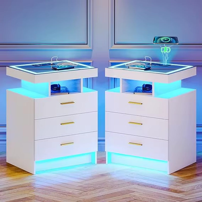 2 Set Nightstands with Wireless Charging Station, Auto Sensor 3 Color Dimmable LED Night Stand, Modern Bedside Table with 3 Dra