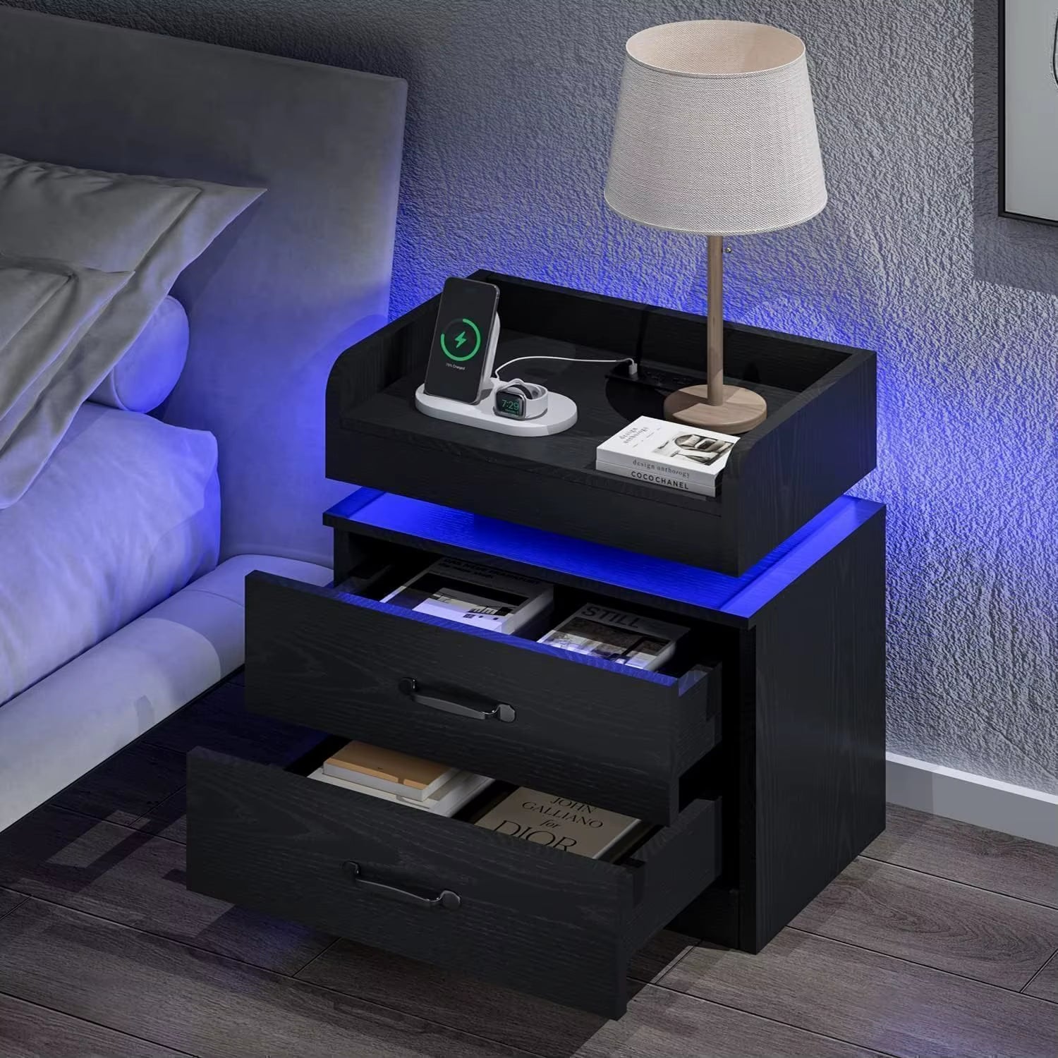 Black Nightstand with Charging Station, Bedside Table for Bedroom, LED Nightstand, Modern Night Stand with Drawers,, Customized