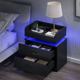 Black Nightstand with Charging Station, Bedside Table for Bedroom, LED Nightstand, Modern Night Stand with Drawers,, Customized