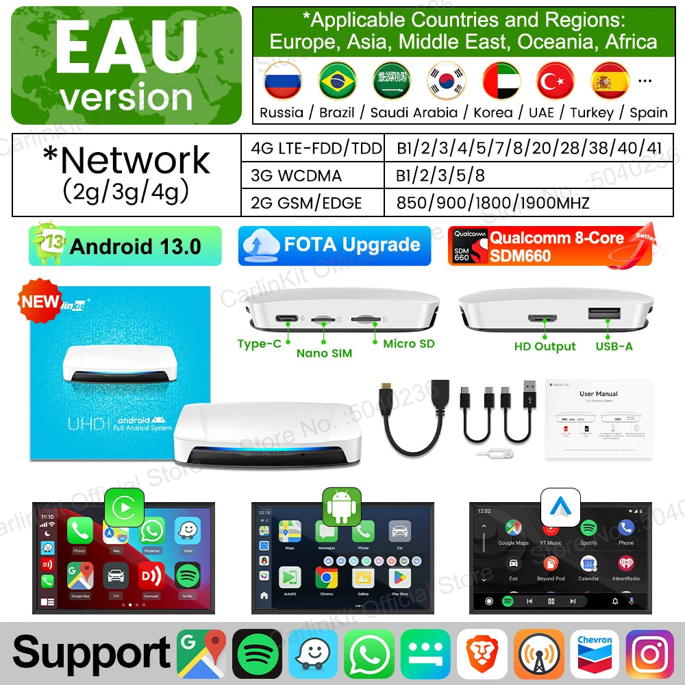 UHD Android 13 Smart TV Box Qualcomm 8-Core Wireless Carplay Android Auto Adapter GPS HDMI Video Output Carplay Ai Box