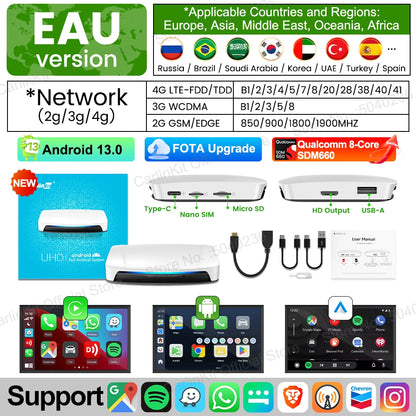 UHD Android 13 Smart TV Box Qualcomm 8-Core Wireless Carplay Android Auto Adapter GPS HDMI Video Output Carplay Ai Box