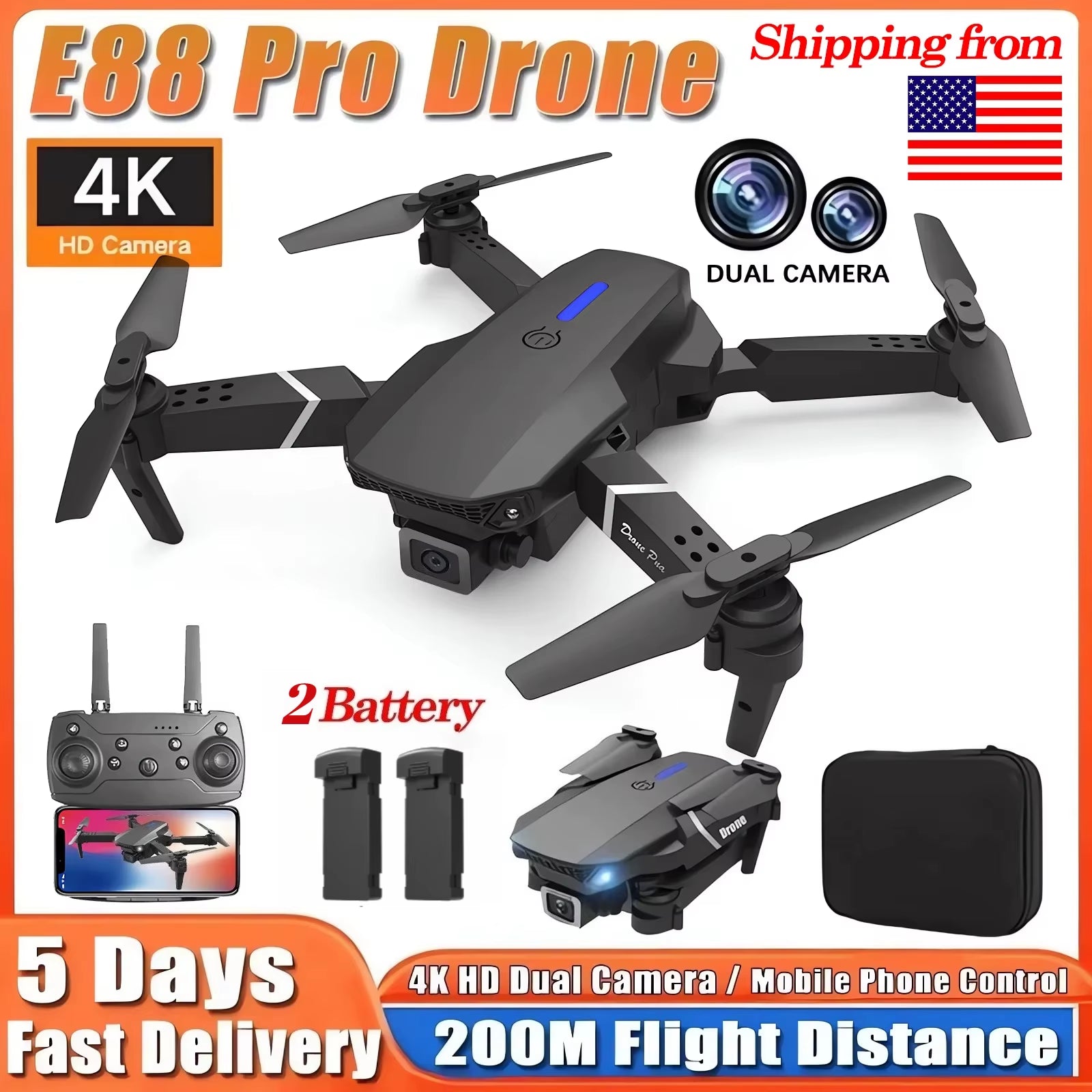 RC Drone New E88Pro 4K Professinal 2 Batteries with 1080P Wide Angle Dual HD Camera Foldable RC Helicopter WIFI FPV Height Hold