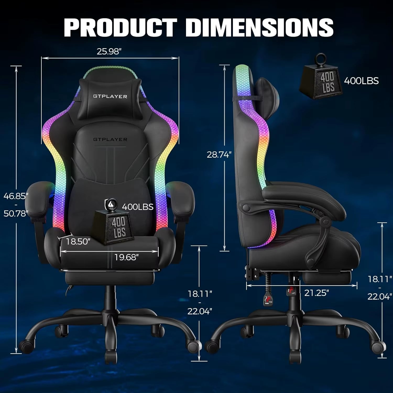 Ergonomic Gaming Chair with RGB LED Lights, High Back, Footrest & Reclining for Office Use