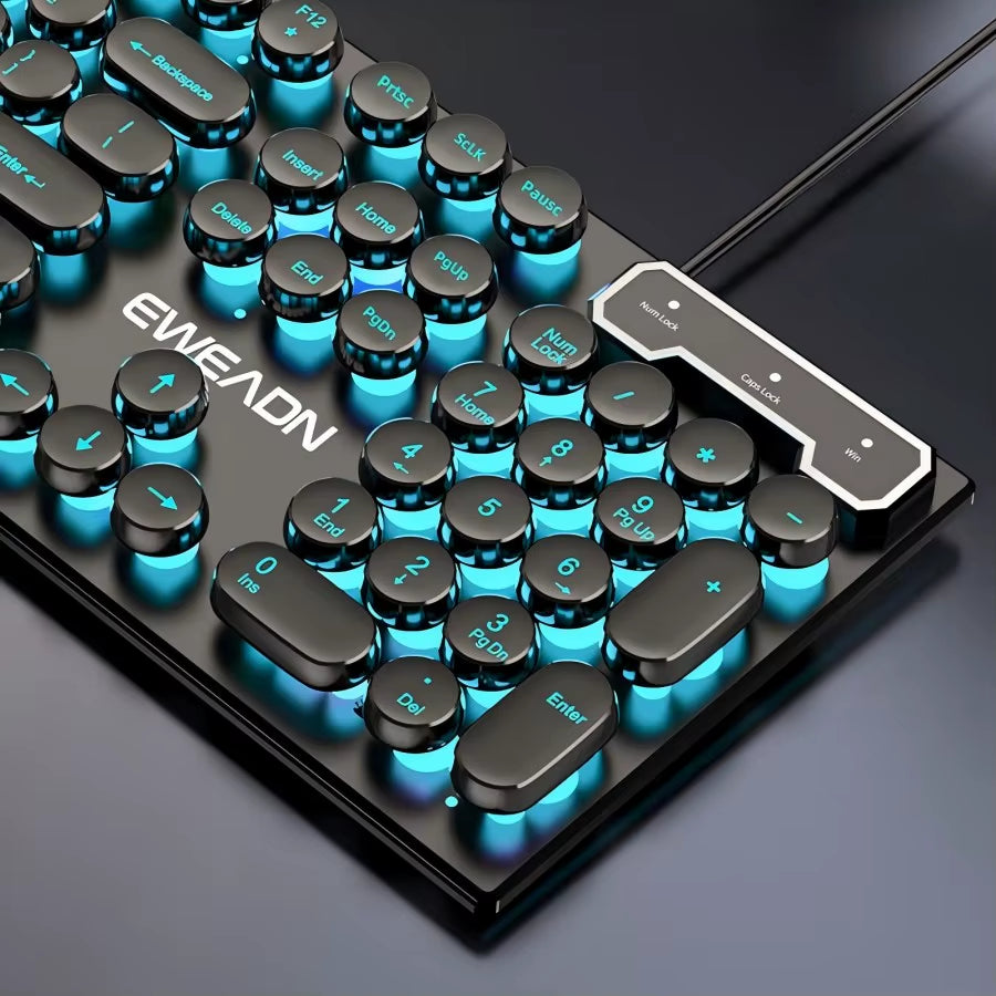 EWEADN Typewriter Gaming Keyboard, 104 Keys, Retro Punk round Keycaps, Blue Backlight, USB Wired, for Windows Pc/Laptop