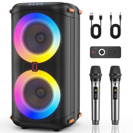 Bluetooth Speaker, Home Singing Portable Party Speaker with 2 Microphones, Dual 6.5'' Subwoofer Deep Bass, Rgb Lights, T27-T