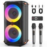 Bluetooth Speaker, Home Singing Portable Party Speaker with 2 Microphones, Dual 6.5'' Subwoofer Deep Bass, Rgb Lights, T27-T