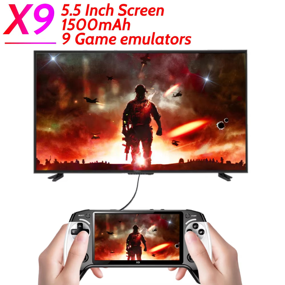 X9 Handheld Game Console Built-In 9 Classic Game Emulators 5.5Inch Screen 1500Mah 360° Non-Slip Joystick Retro Video Game Player